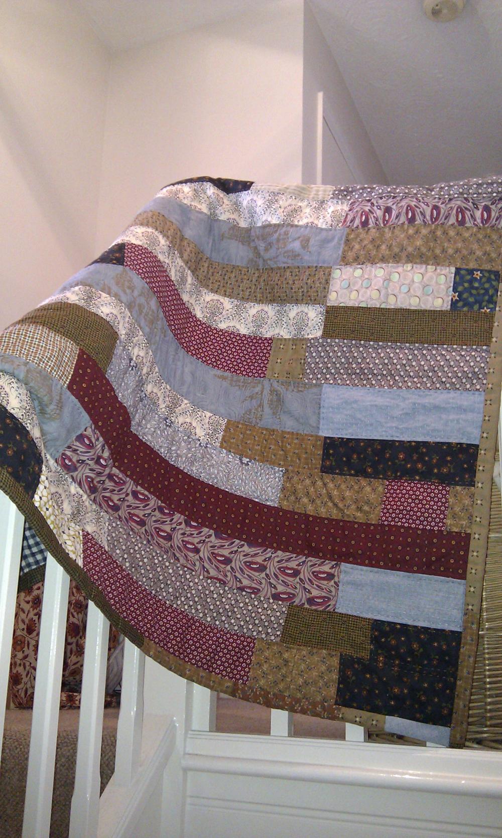 Modern Patchwork Handmade Quilt In Stripes Of Blue Burgundy And Brown Boys Quilt Lap Quilt