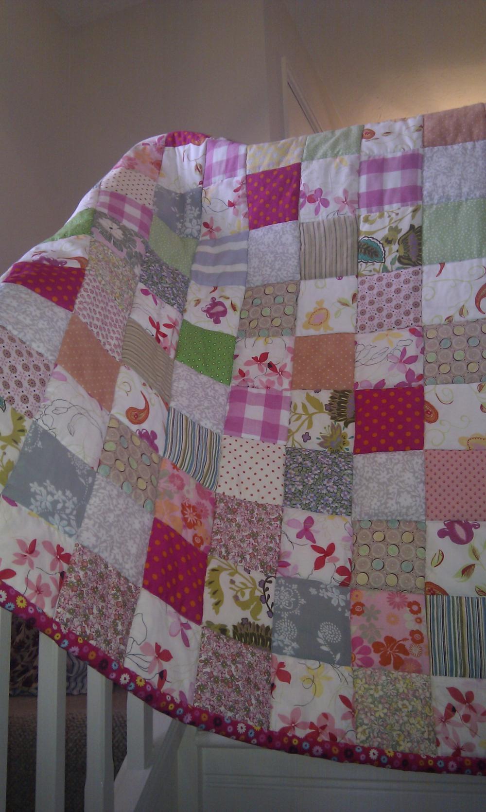 Patchwork Quilt Girls Quilt Baby Quilt Nursery Coloured Squares With Reversible Deep Pink Daisy Print
