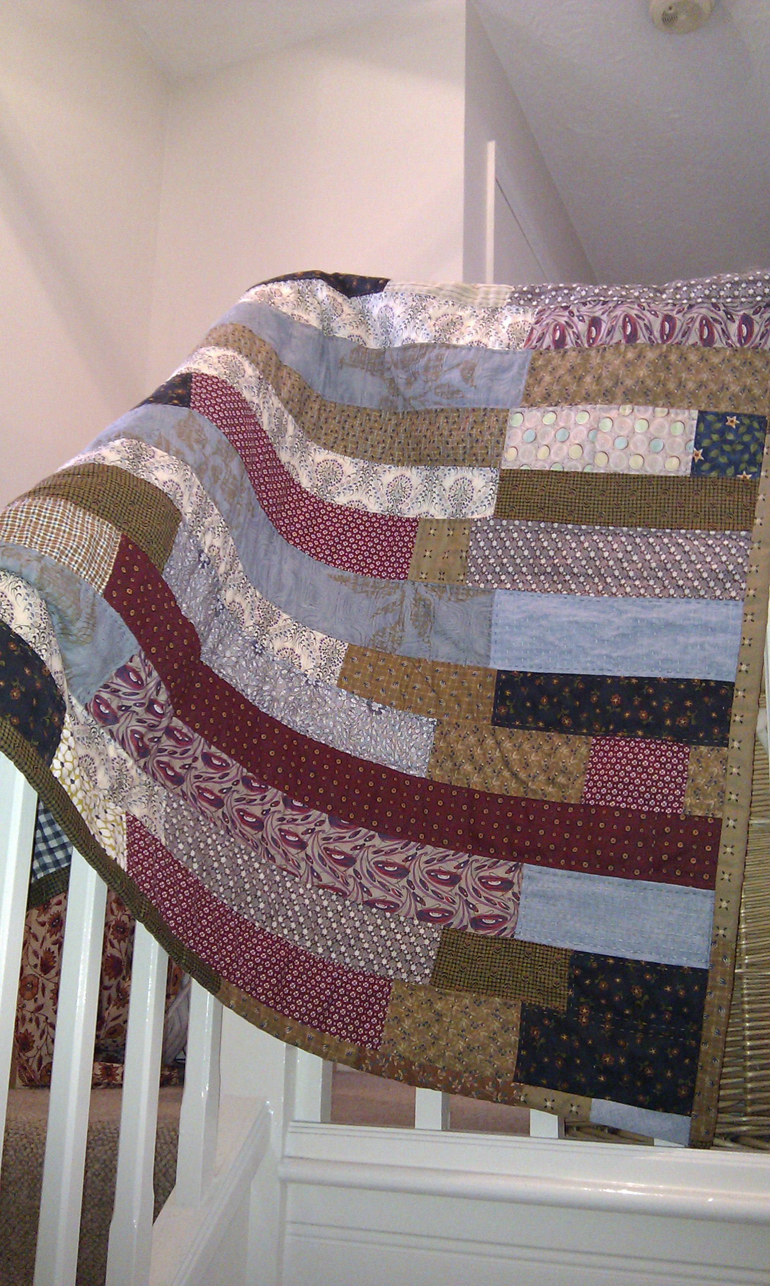 Modern Patchwork Handmade Quilt In Stripes Of Blue Burgundy And Brown Boys Quilt Lap Quilt On Luulla