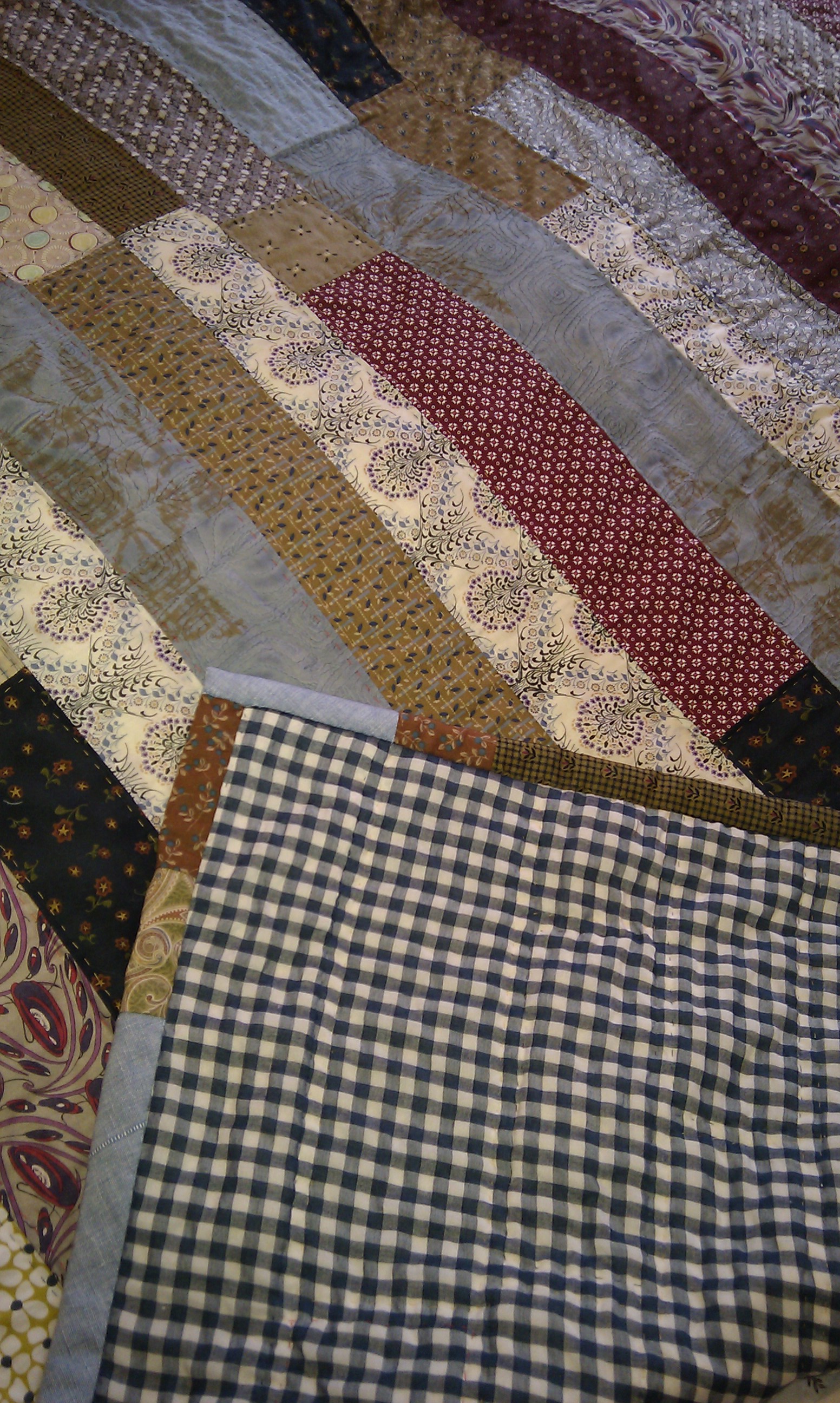 Modern Patchwork Handmade Quilt In Stripes Of Blue Burgundy And Brown