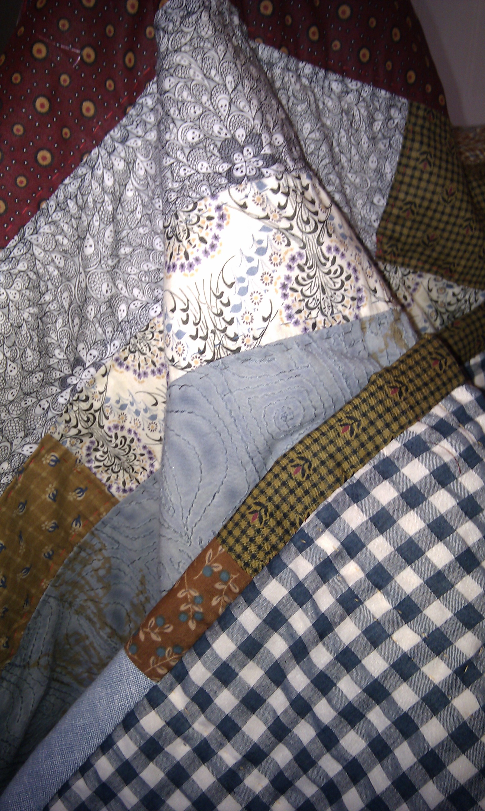 Modern Patchwork Handmade Quilt In Stripes Of Blue Burgundy And Brown